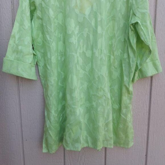 Dialogue Cotton Top Button Up Botanical Leaf Floral Print Neon Green Sz 1X - Picture 7 of 8